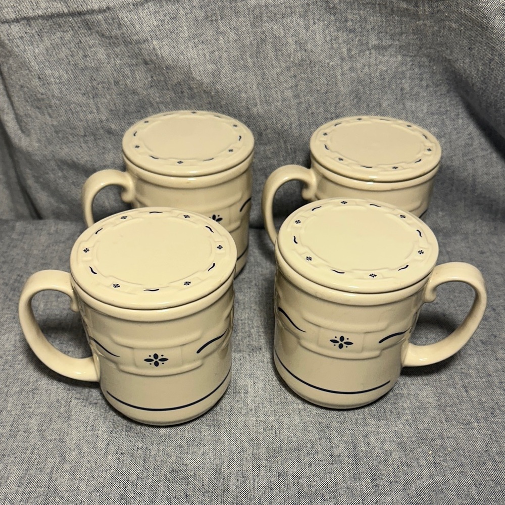 Longaberger Cream Mugs with Blue Accent Pattern - Set of Four
